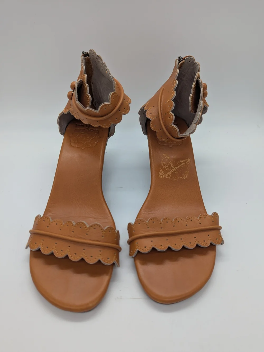 Bali Elf Women's Midsummer Scalloped Leather Sandals Ankle-Strap Wedge Size 10.5